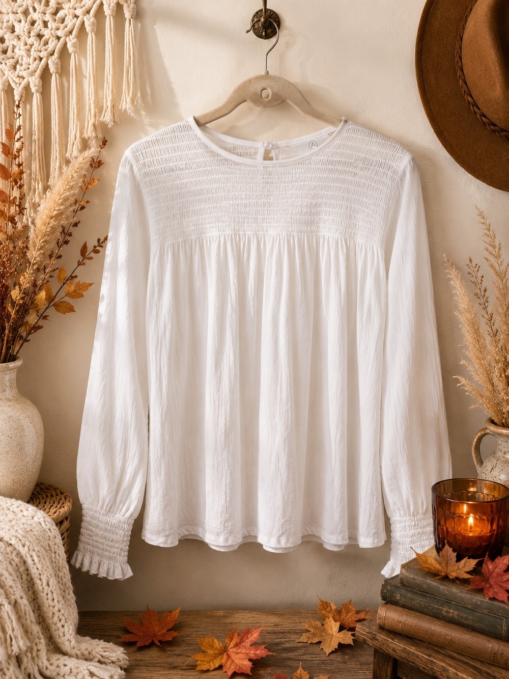 A MTL 1980 White Boho Smocked Flowy Blouse Long Sleeve 1X